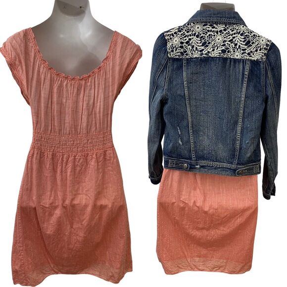 Studio M Dress Womens Medium Cottagecore Peasant Denim Jacket Orange Blue Lace - Picture 5 of 16